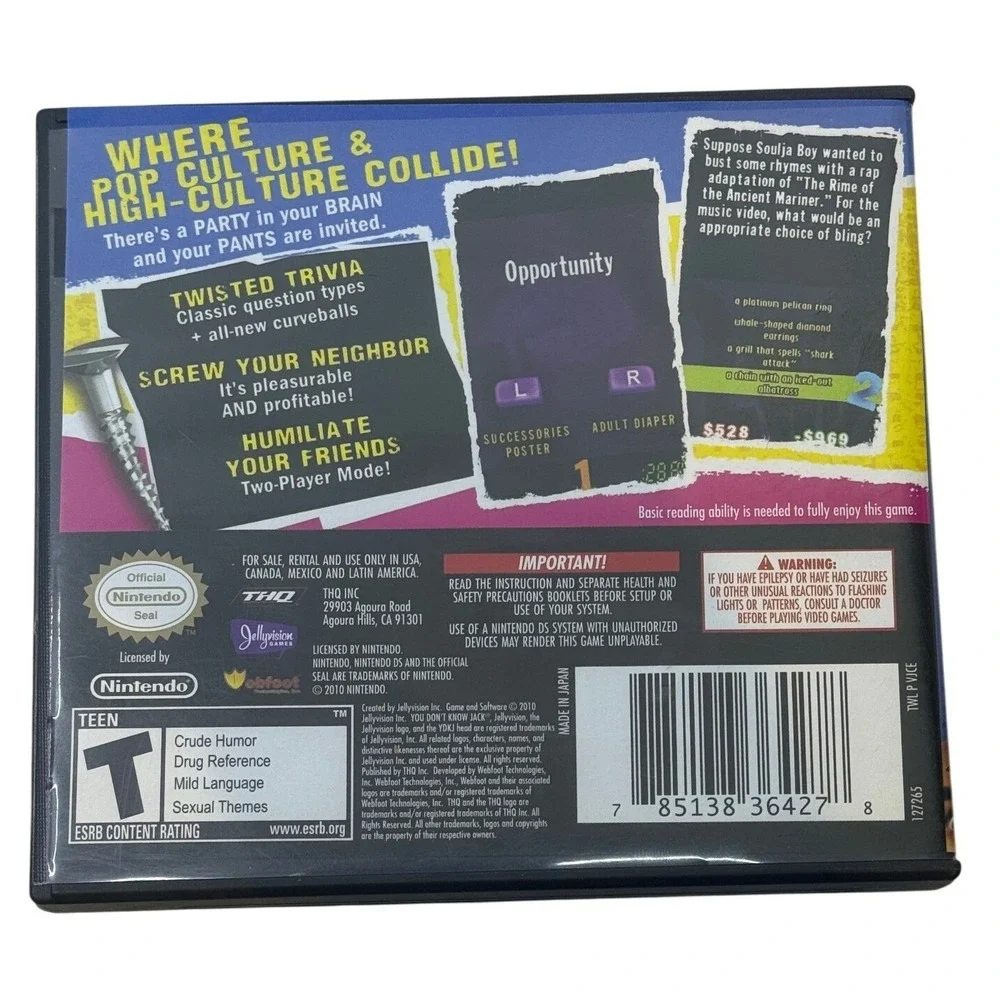 You Don't Know Jack Nintendo DS Trivia Party Game THQ Complete CIB